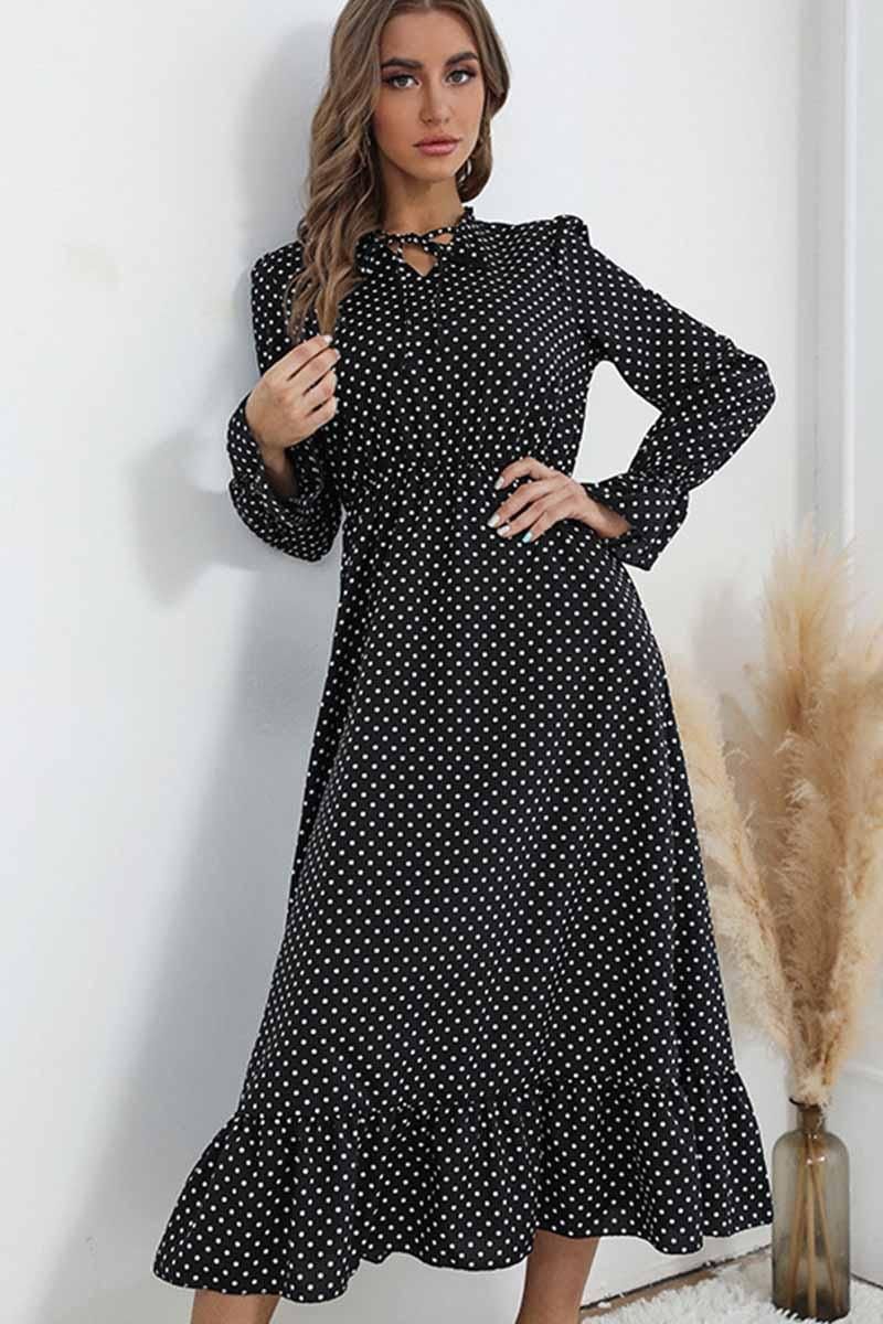 TIED NECK RUFFLED POLKA DOT DRESS - Doublju