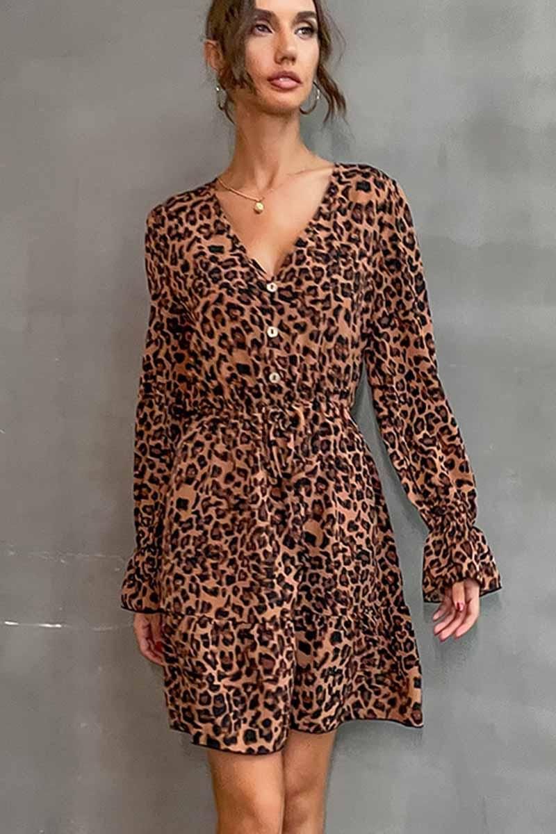 V NECK LEOPARD PRINT SHORT DRESS - Doublju