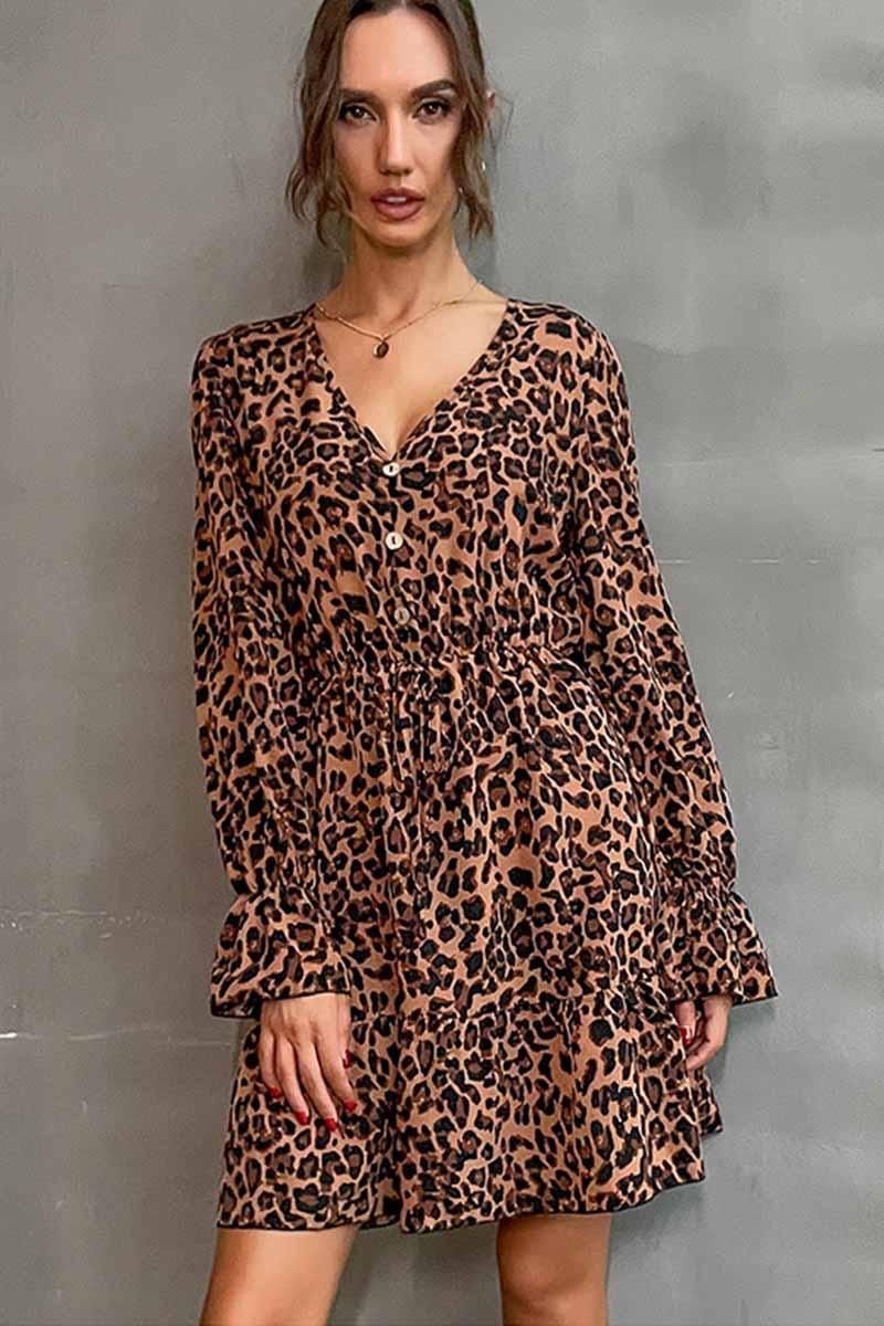 V NECK LEOPARD PRINT SHORT DRESS - Doublju