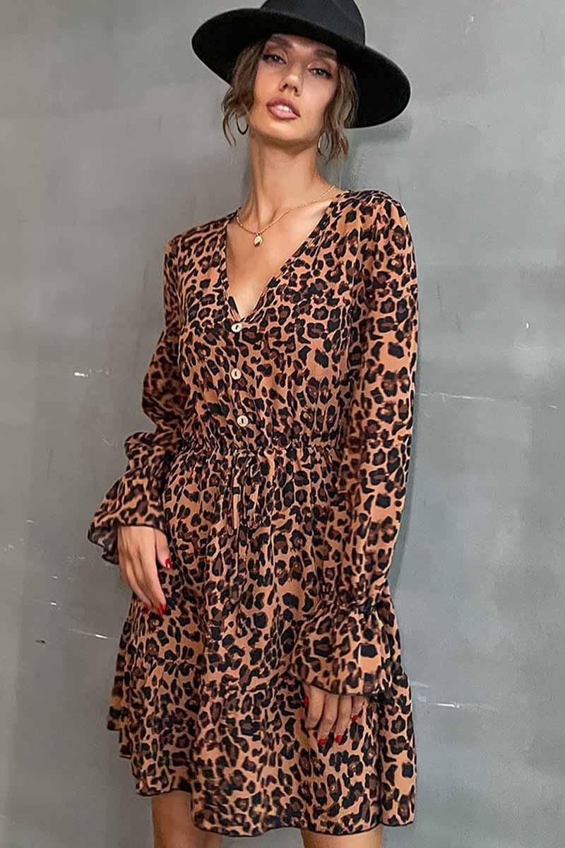 V NECK LEOPARD PRINT SHORT DRESS - Doublju