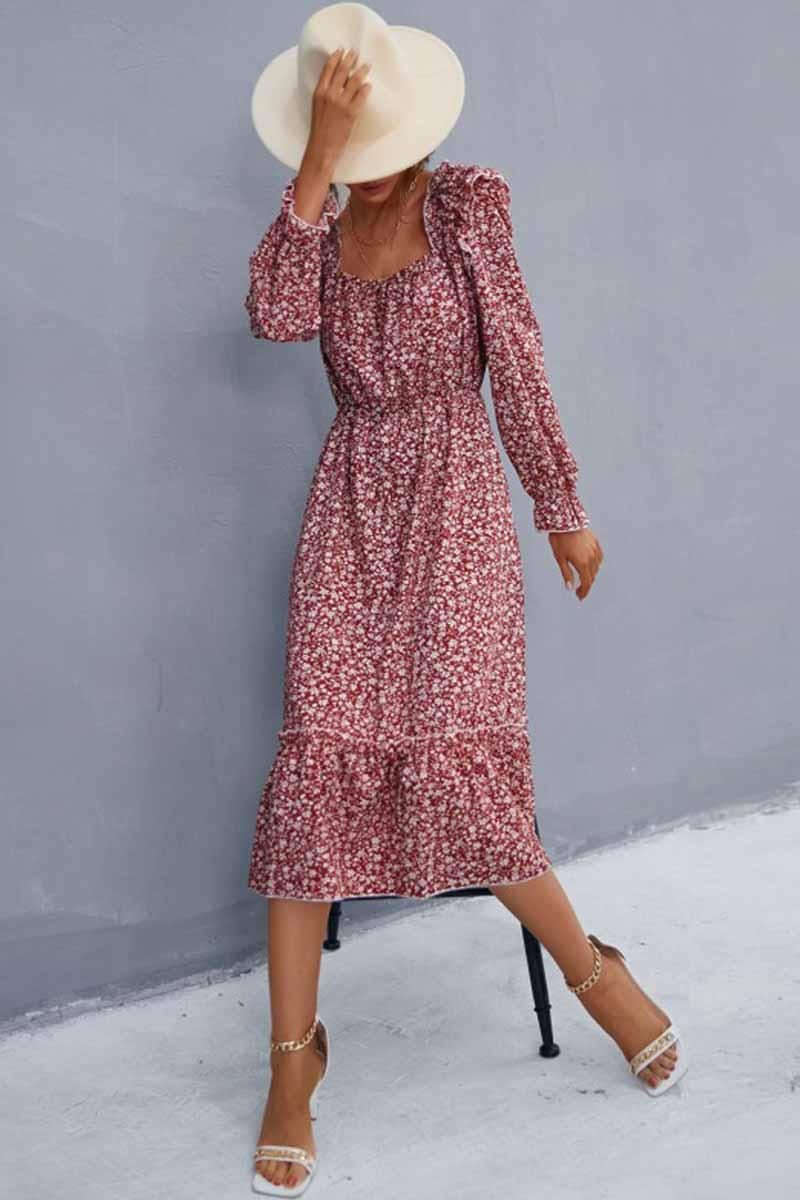 FLORAL SQUARE NECK FRILL SHOULDER DRESS - Doublju