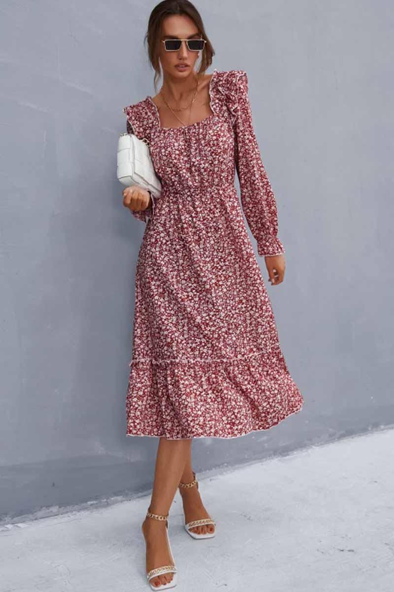 FLORAL SQUARE NECK FRILL SHOULDER DRESS - Doublju