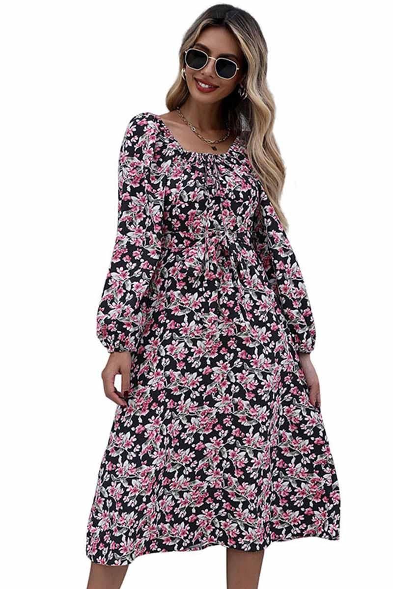 FLORAL SQUARE NECK FRILL MIDI DRESS - Doublju