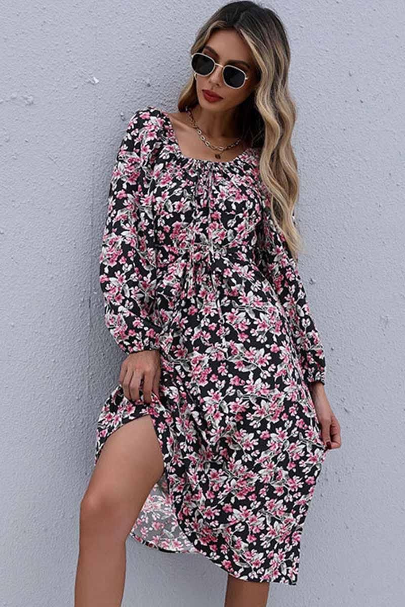 FLORAL SQUARE NECK FRILL MIDI DRESS - Doublju