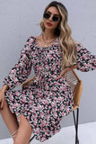 FLORAL SQUARE NECK FRILL MIDI DRESS - Doublju