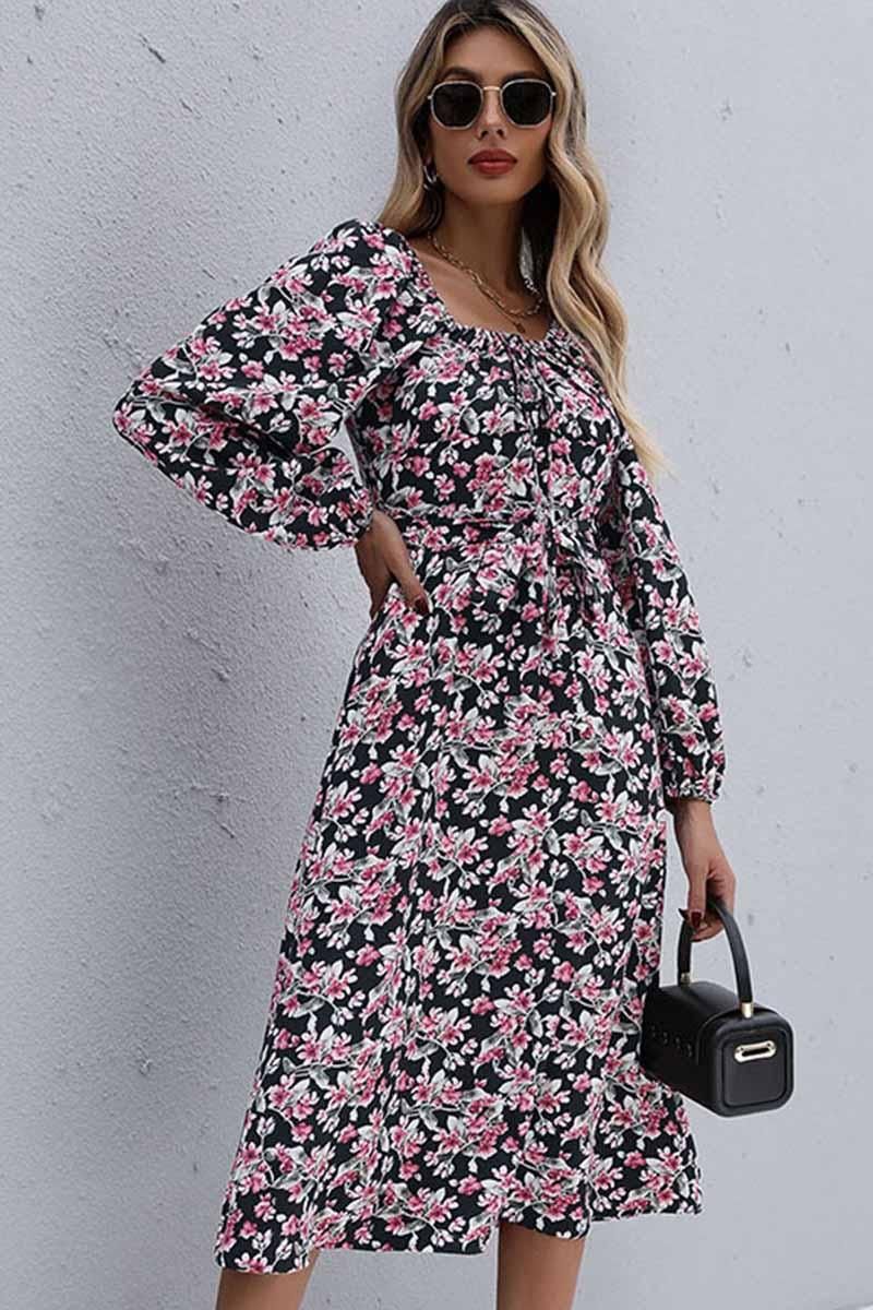 FLORAL SQUARE NECK FRILL MIDI DRESS - Doublju