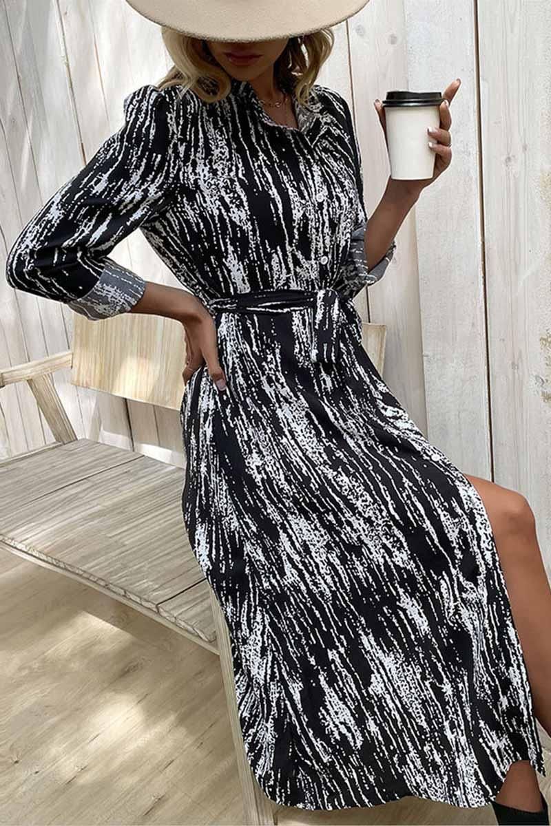 LONG SLEEVED PRINTED LAPEL SPRING DRESS - Doublju