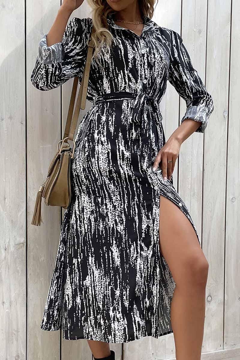 LONG SLEEVED PRINTED LAPEL SPRING DRESS - Doublju