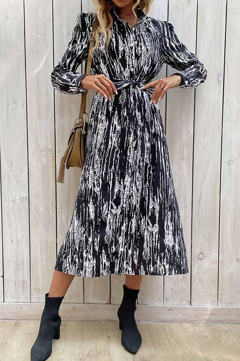 LONG SLEEVED PRINTED LAPEL SPRING DRESS - Doublju