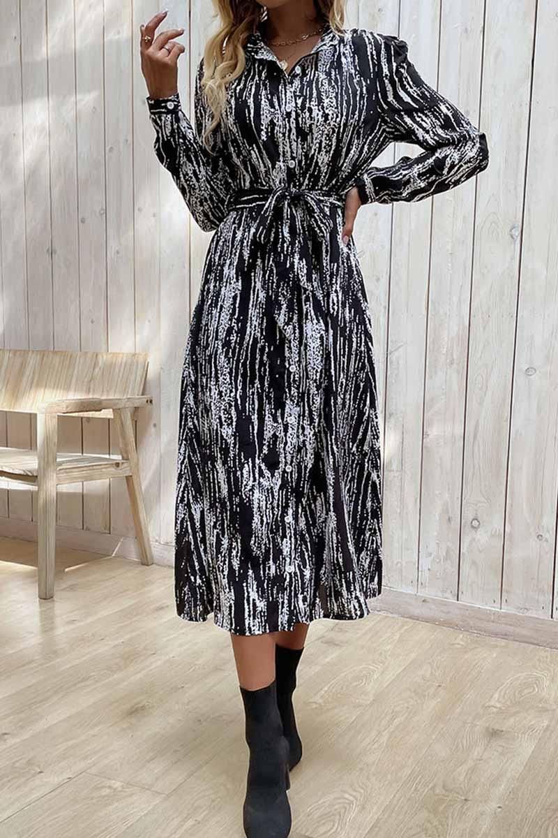 LONG SLEEVED PRINTED LAPEL SPRING DRESS - Doublju