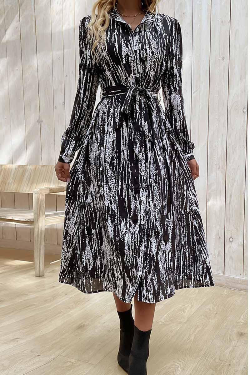 LONG SLEEVED PRINTED LAPEL SPRING DRESS - Doublju