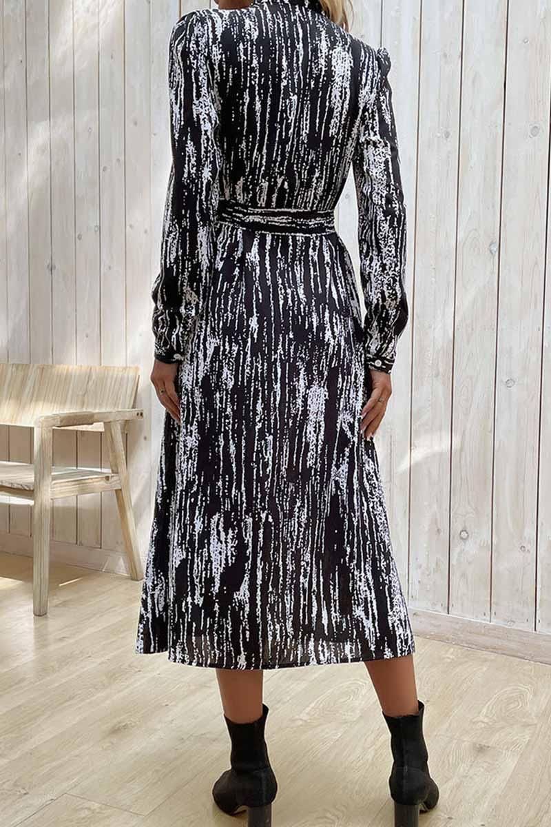 LONG SLEEVED PRINTED LAPEL SPRING DRESS - Doublju