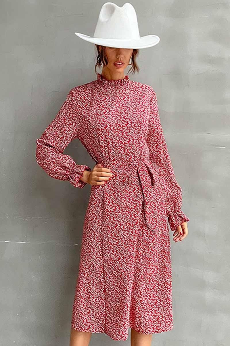 FLORAL HIGH NECK FRILL RIBBED LONGSLEEVE DRESS - Doublju