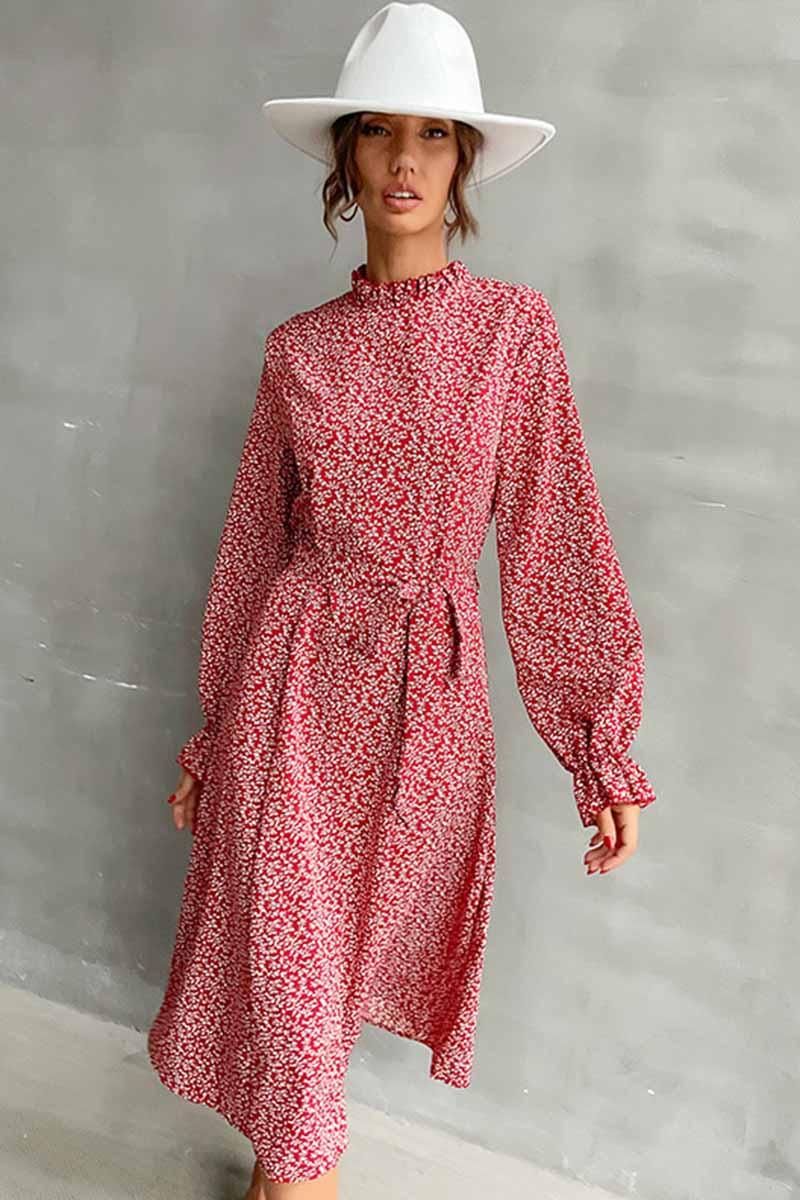 FLORAL HIGH NECK FRILL RIBBED LONGSLEEVE DRESS - Doublju