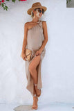 SLANTED RIBBON POINT SHOULDER MAXI SLIT DRESS - Doublju