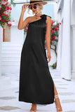 SLANTED RIBBON POINT SHOULDER MAXI SLIT DRESS - Doublju