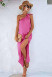 SLANTED RIBBON POINT SHOULDER MAXI SLIT DRESS - Doublju