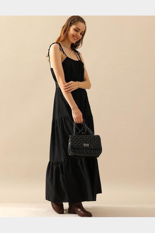 TIED STRING SPAGHETTI STRAP LACE WAIST MAXI DRESS - Doublju