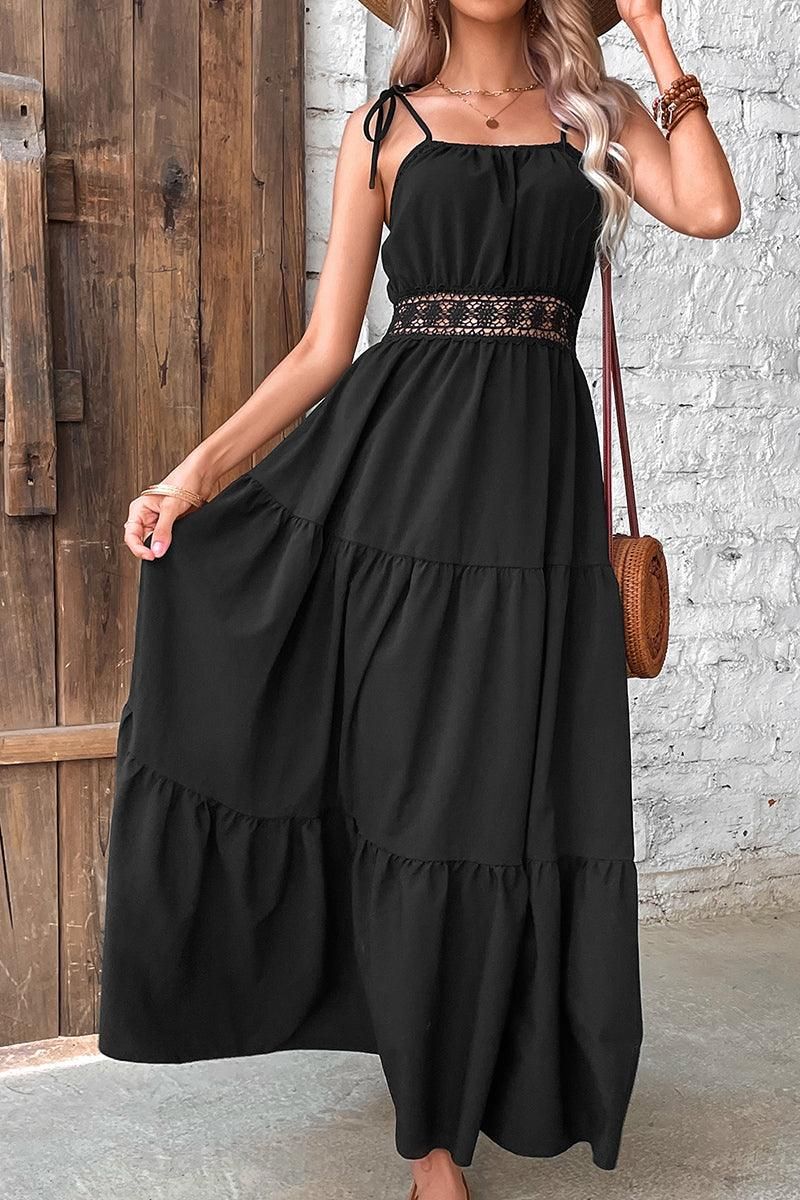 TIED STRING SPAGHETTI STRAP LACE WAIST MAXI DRESS - Doublju