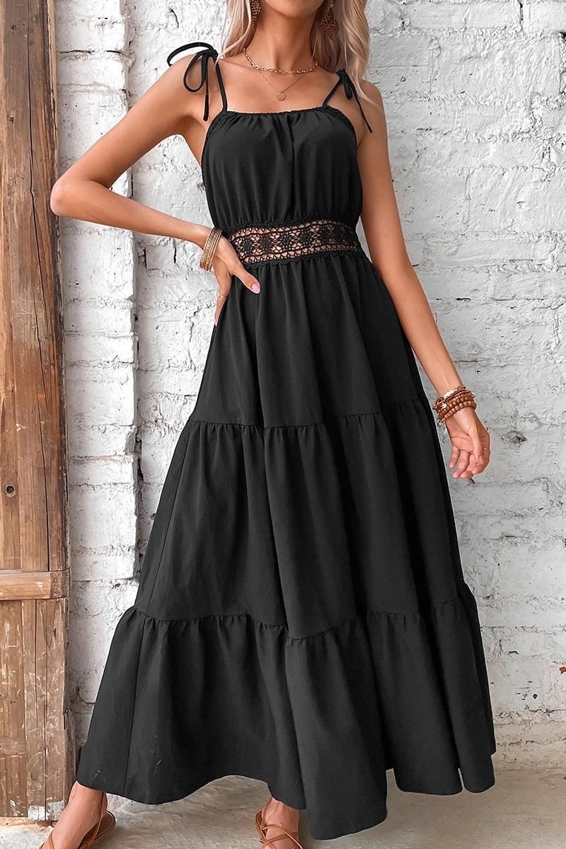 TIED STRING SPAGHETTI STRAP LACE WAIST MAXI DRESS - Doublju