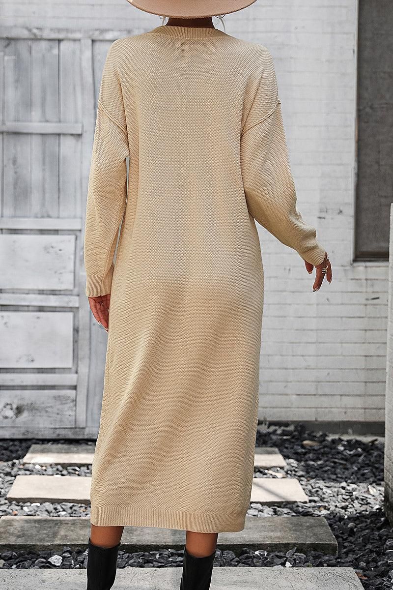 WOMEN RIBBED SLEEVE BUTTON NECK LONG KNIT DRESS - Doublju