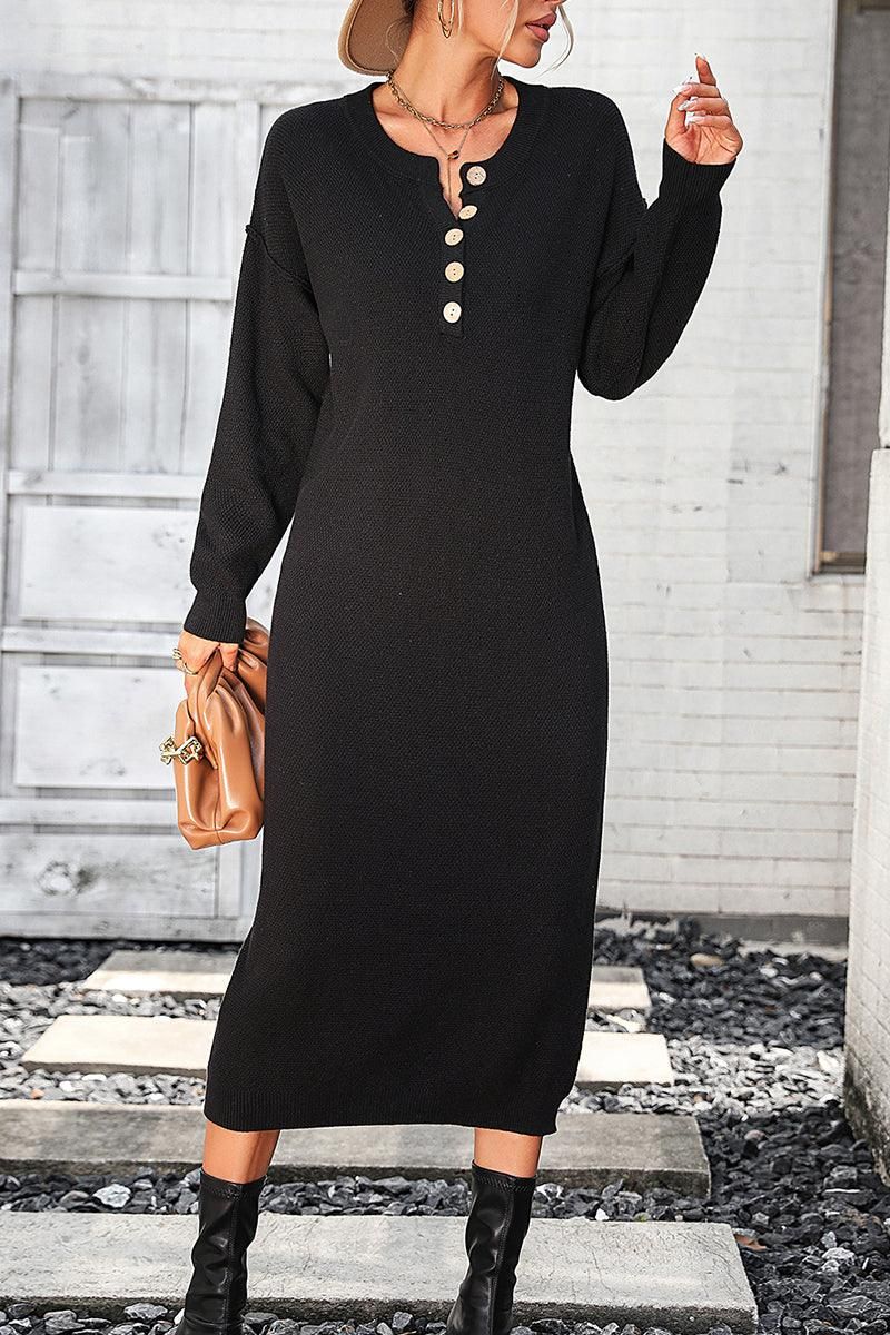 WOMEN RIBBED SLEEVE BUTTON NECK LONG KNIT DRESS - Doublju