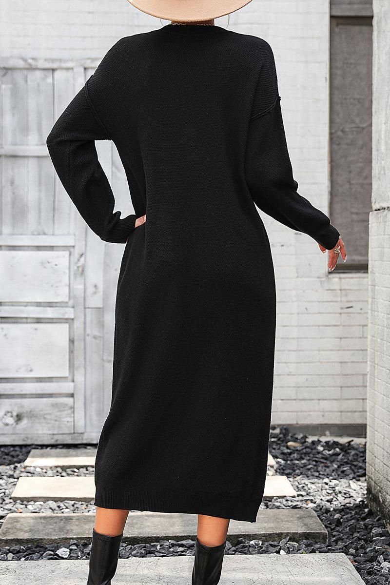 WOMEN RIBBED SLEEVE BUTTON NECK LONG KNIT DRESS - Doublju