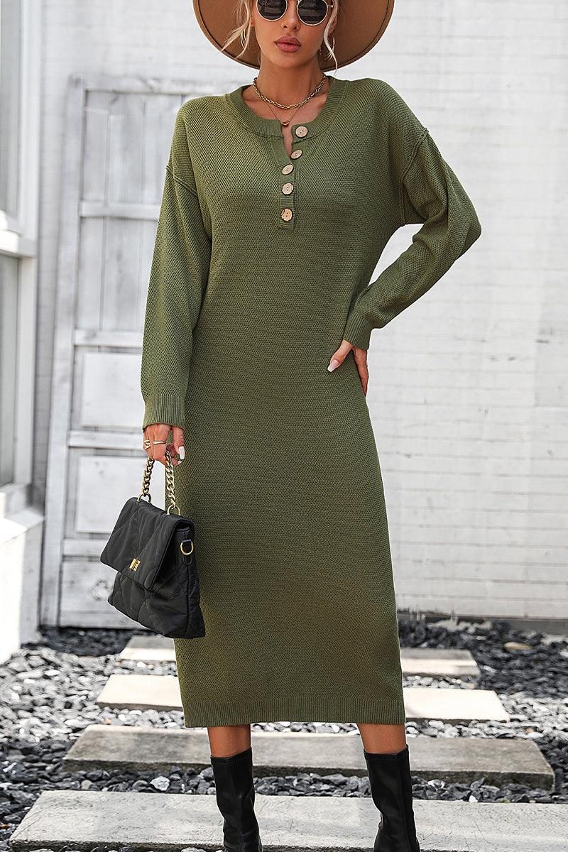 WOMEN RIBBED SLEEVE BUTTON NECK LONG KNIT DRESS - Doublju