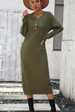 WOMEN RIBBED SLEEVE BUTTON NECK LONG KNIT DRESS - Doublju