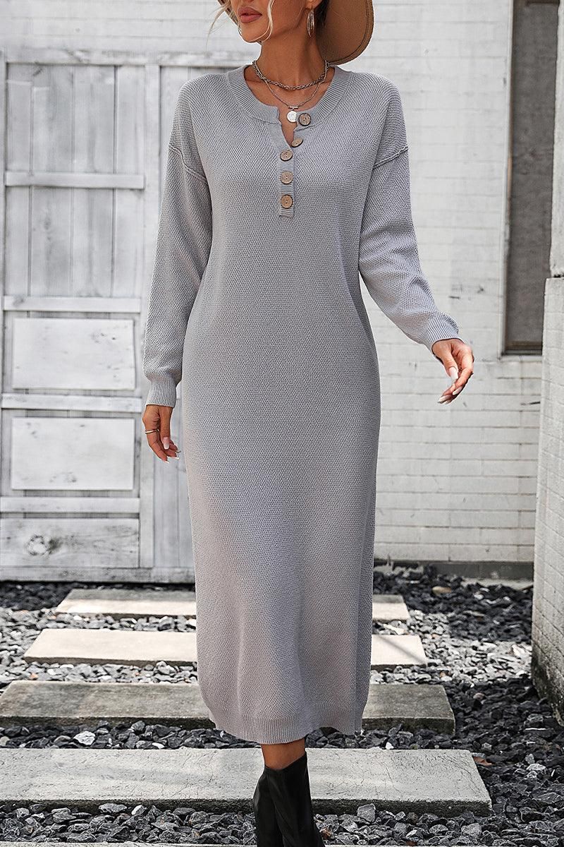 WOMEN RIBBED SLEEVE BUTTON NECK LONG KNIT DRESS - Doublju