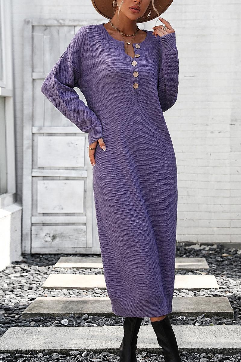 WOMEN RIBBED SLEEVE BUTTON NECK LONG KNIT DRESS - Doublju