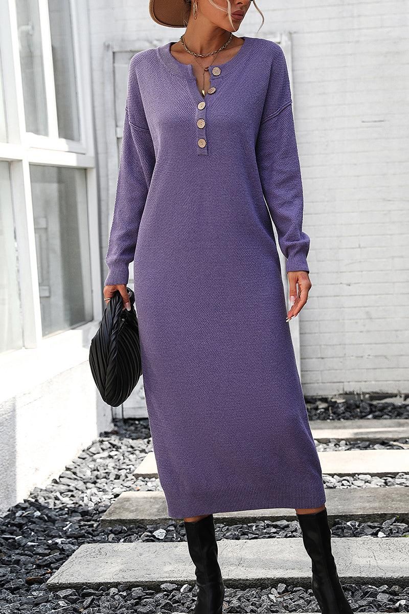 WOMEN RIBBED SLEEVE BUTTON NECK LONG KNIT DRESS - Doublju