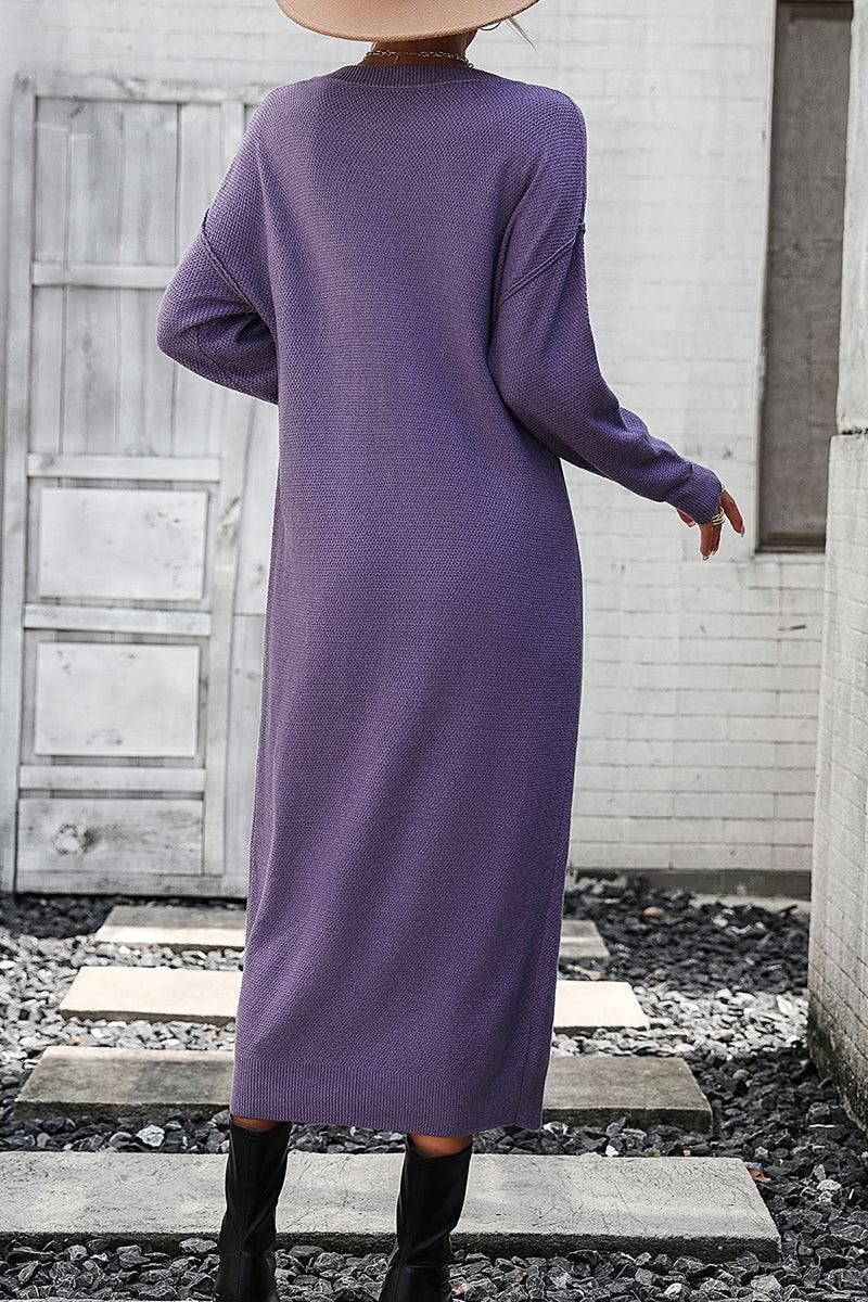 WOMEN RIBBED SLEEVE BUTTON NECK LONG KNIT DRESS - Doublju