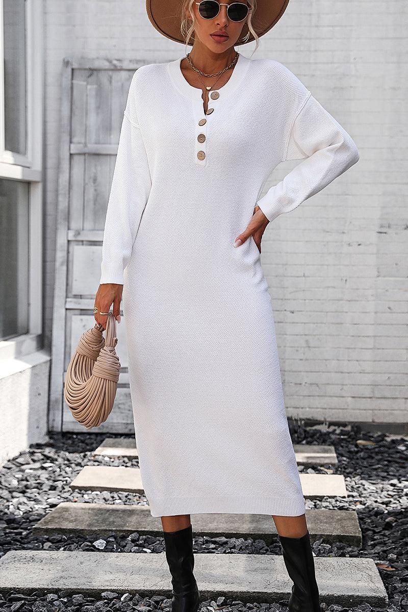 WOMEN RIBBED SLEEVE BUTTON NECK LONG KNIT DRESS - Doublju