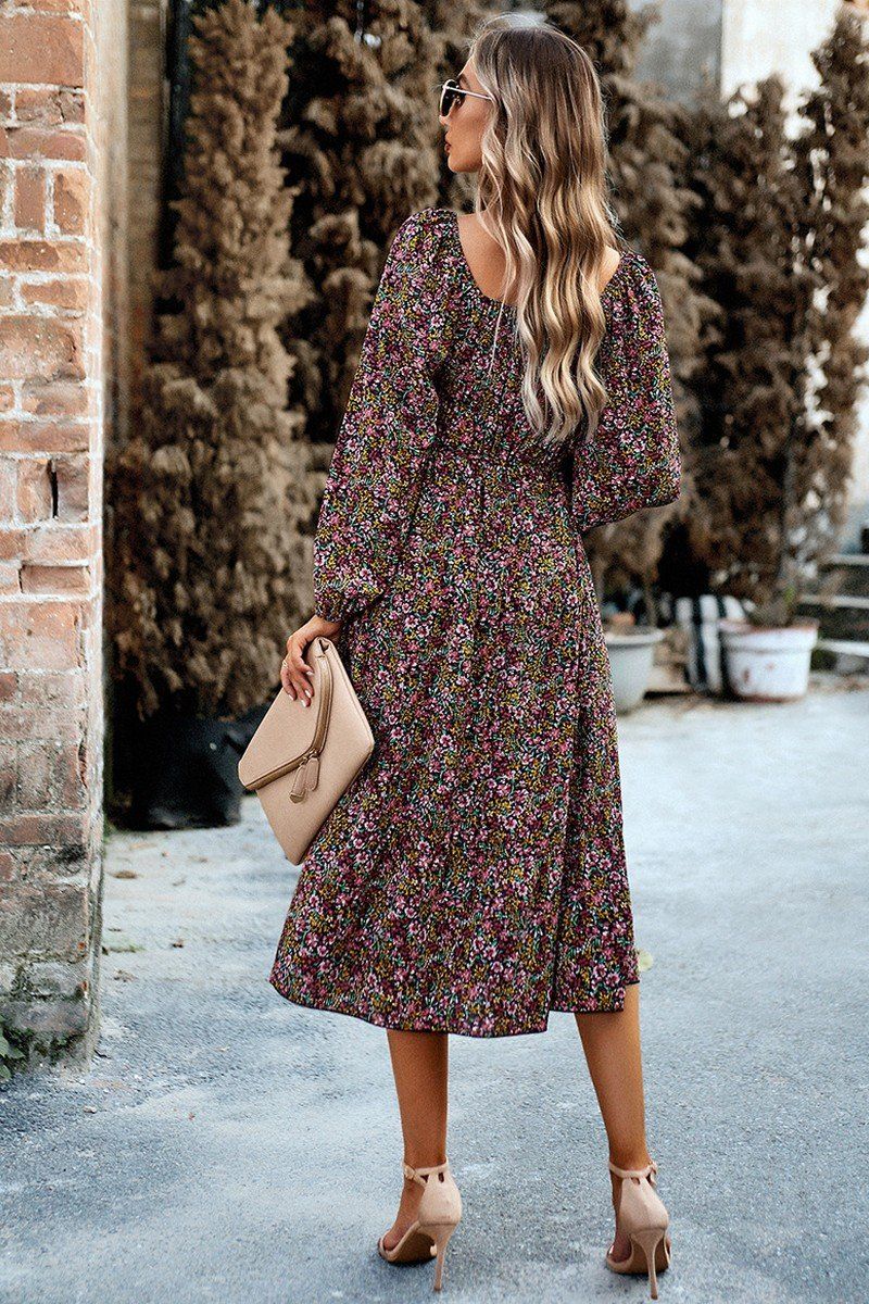 WOMEN FLORAL PATTERN SQUARE NECK MAXI DRESS