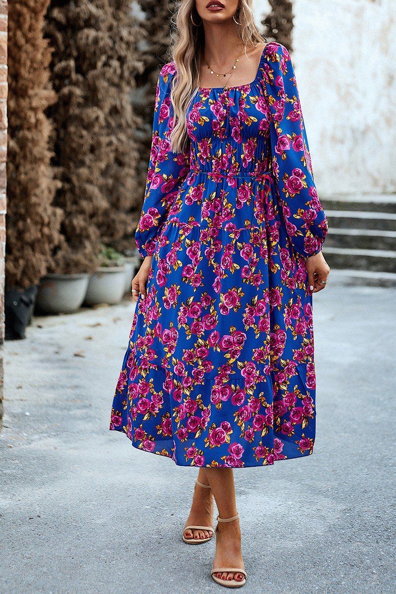 WOMEN FLORAL PATTERN SQUARE NECK MAXI DRESS