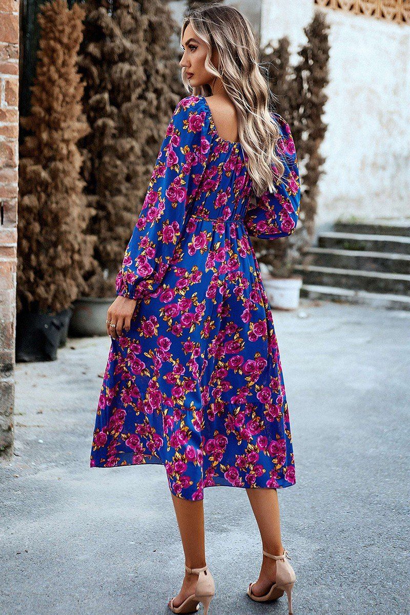 WOMEN FLORAL PATTERN SQUARE NECK MAXI DRESS