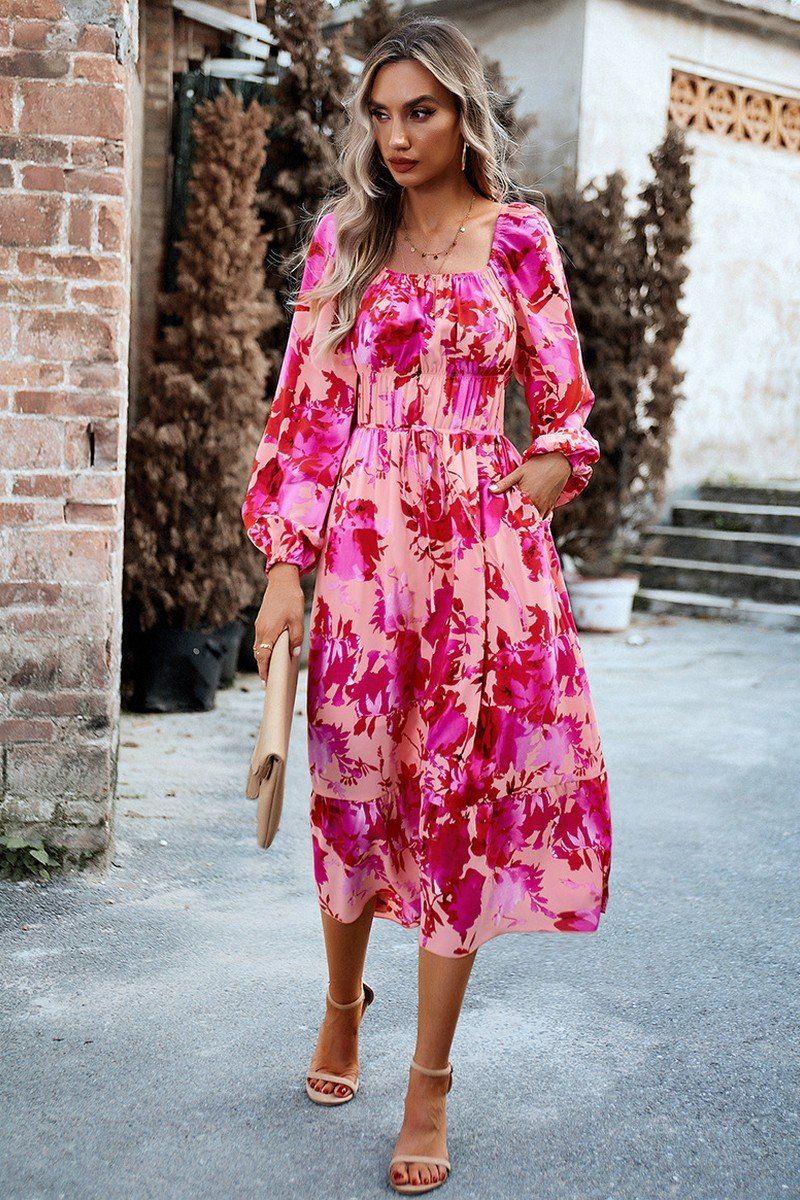 WOMEN FLORAL PATTERN SQUARE NECK MAXI DRESS