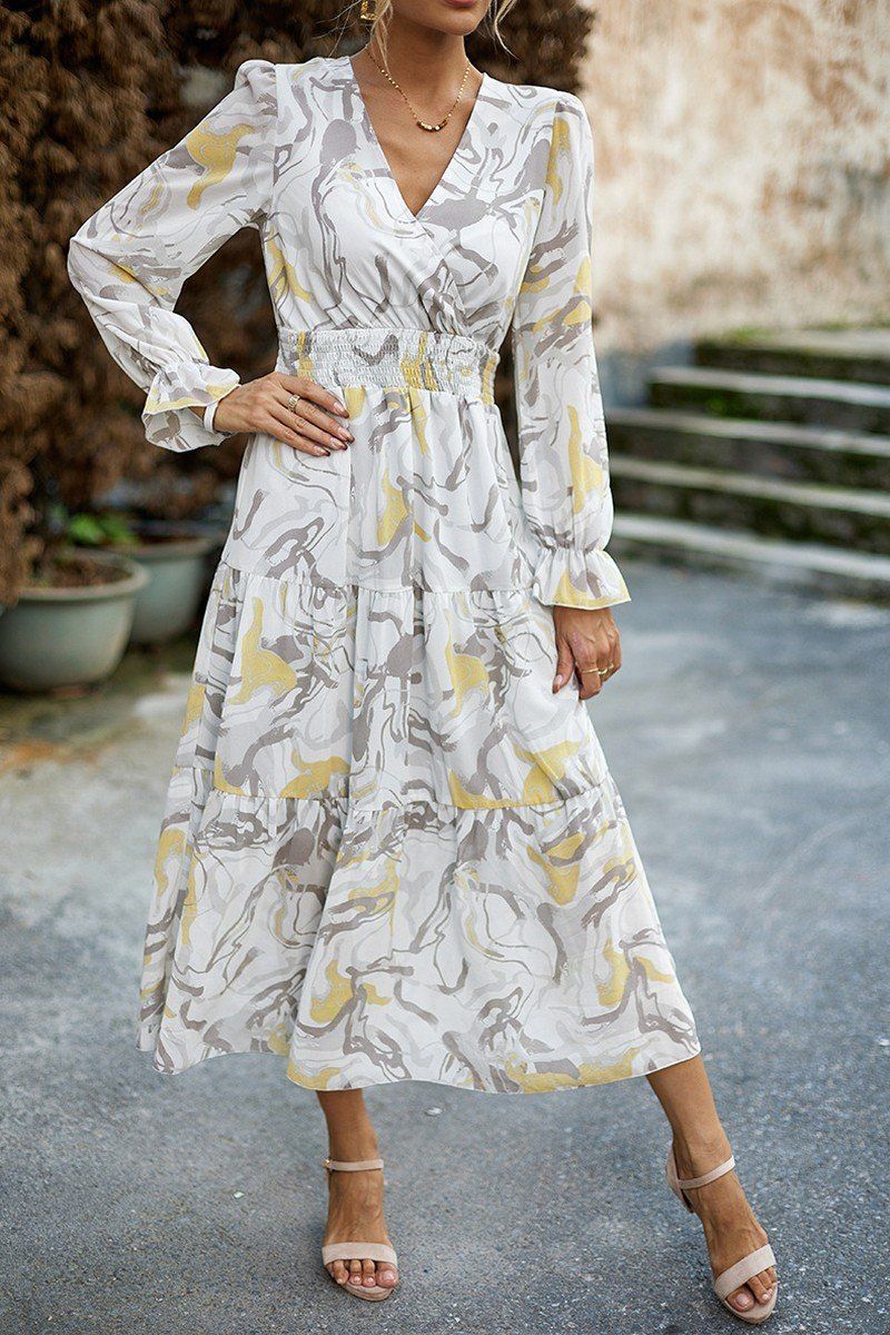 MARBLE PRINTING V NECK EMPIRE WAIST MAXI DRESS