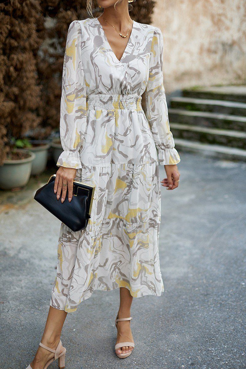 MARBLE PRINTING V NECK EMPIRE WAIST MAXI DRESS