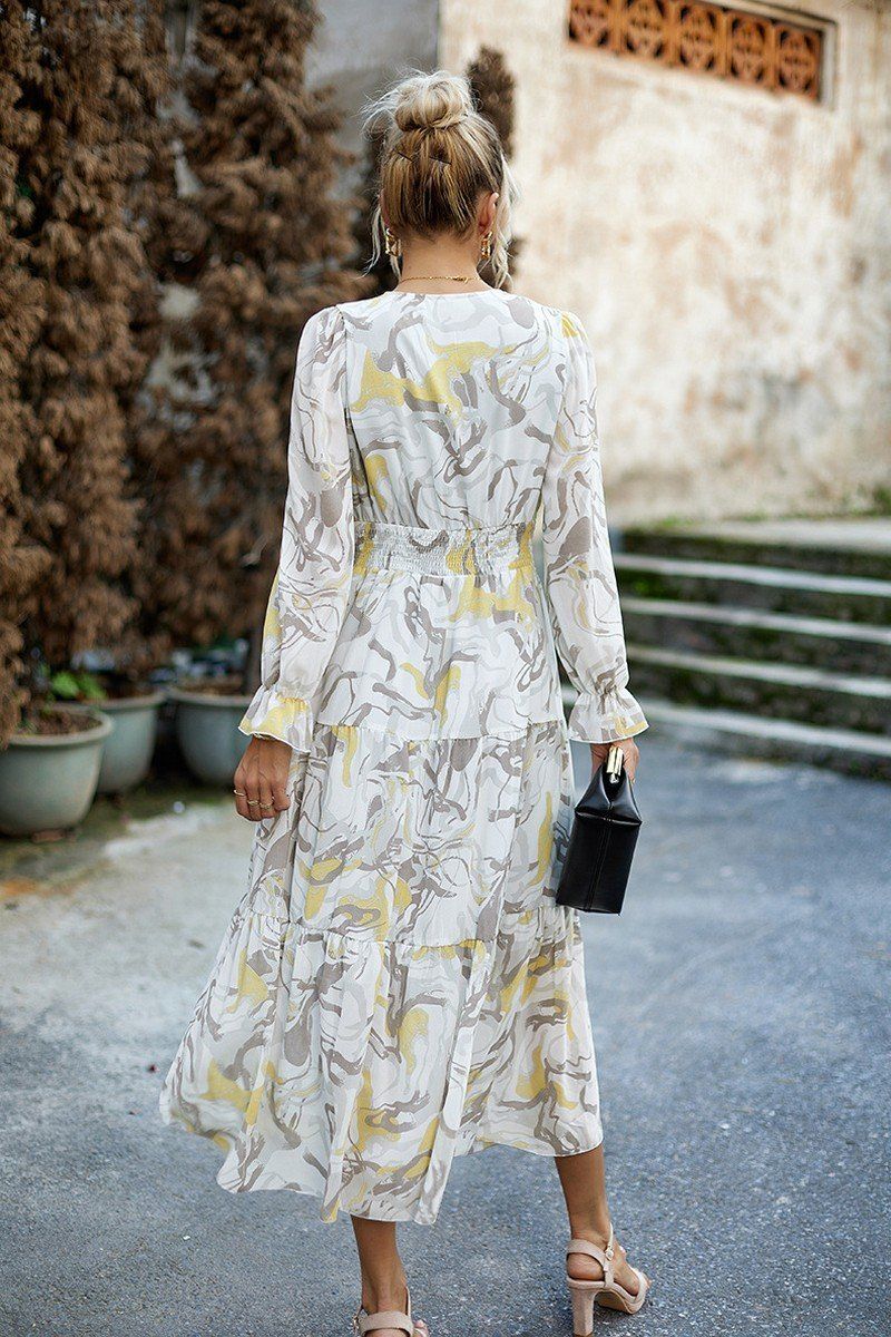 MARBLE PRINTING V NECK EMPIRE WAIST MAXI DRESS