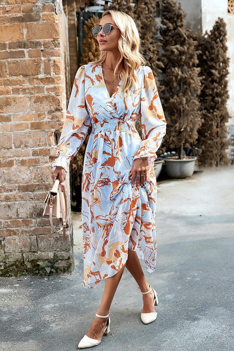 MARBLE PRINTING V NECK EMPIRE WAIST MAXI DRESS