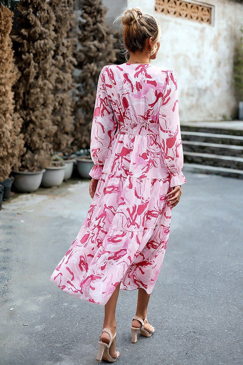 MARBLE PRINTING V NECK EMPIRE WAIST MAXI DRESS