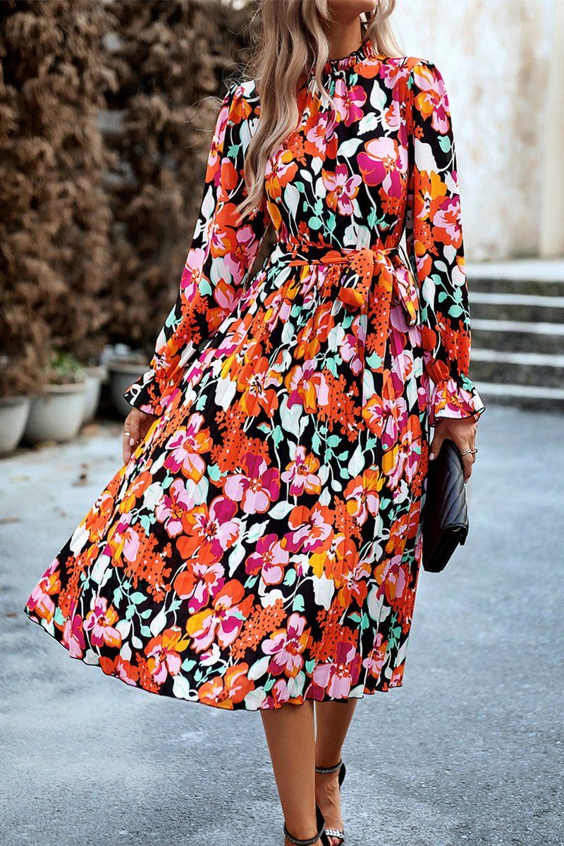 SHIRRED HIGH NECK LANTERN SLEEVE FLORAL DRESS