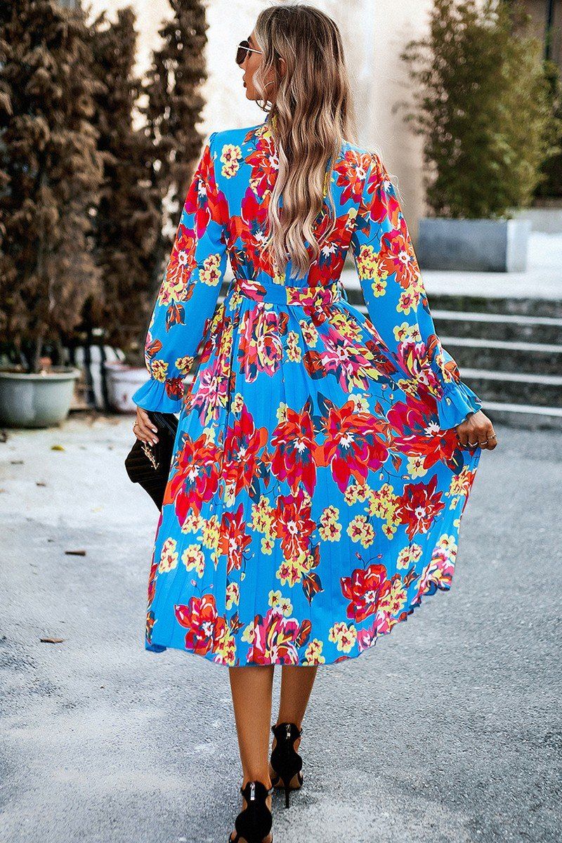 SHIRRED HIGH NECK LANTERN SLEEVE FLORAL DRESS