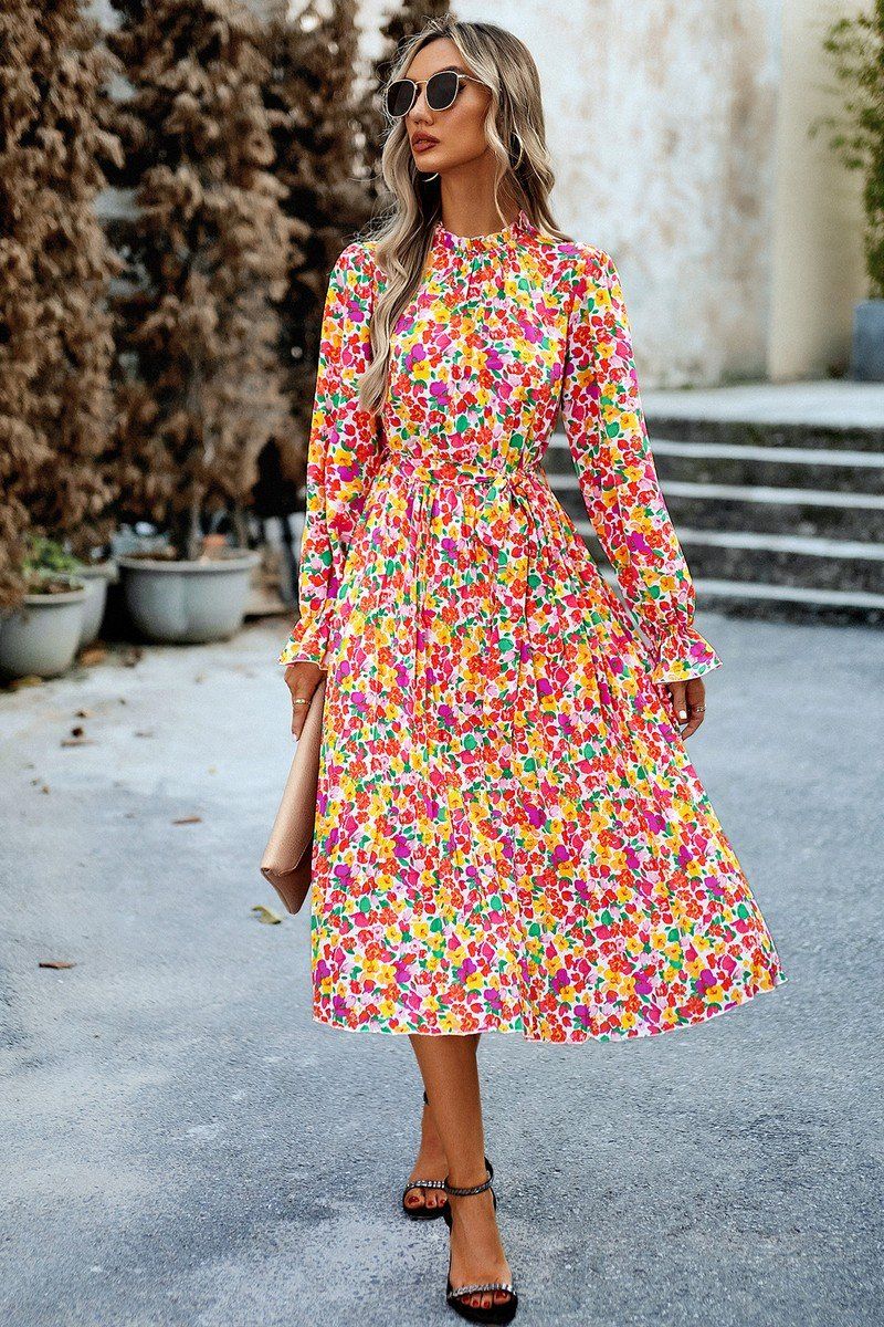 SHIRRED HIGH NECK LANTERN SLEEVE FLORAL DRESS