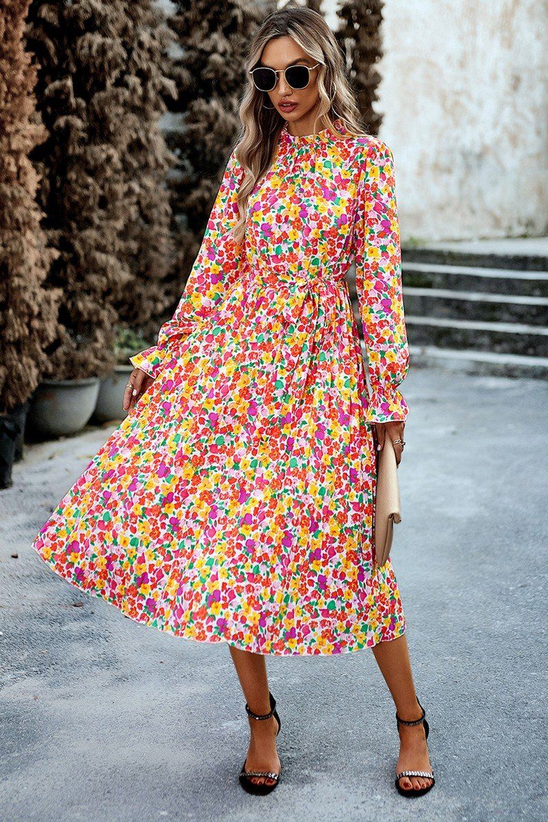 SHIRRED HIGH NECK LANTERN SLEEVE FLORAL DRESS