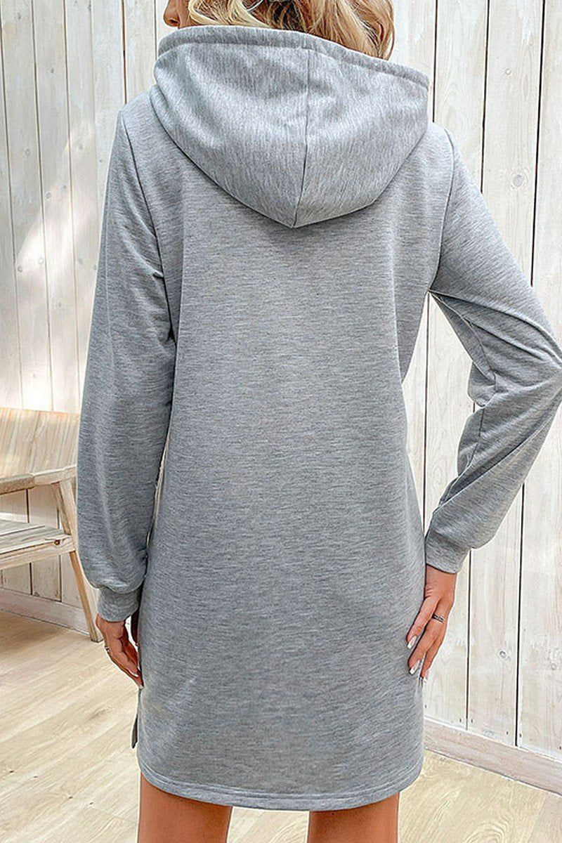 WOMEN DRAWSTRING HOODED SIDE POCKET MID DRESS