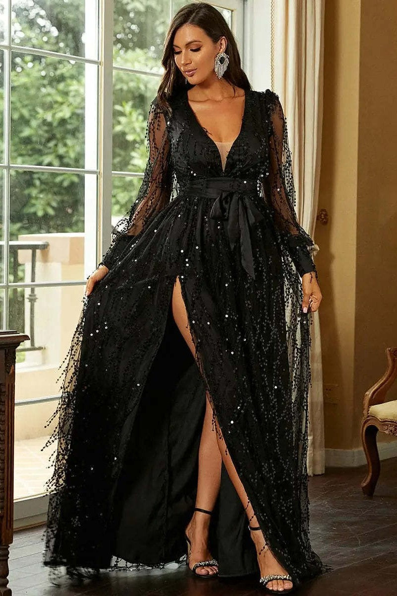 WOMEN LACE TRIM SIDE SLIT SEQUIN MAXI PARTY DRESS