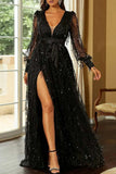 WOMEN LACE TRIM SIDE SLIT SEQUIN MAXI PARTY DRESS